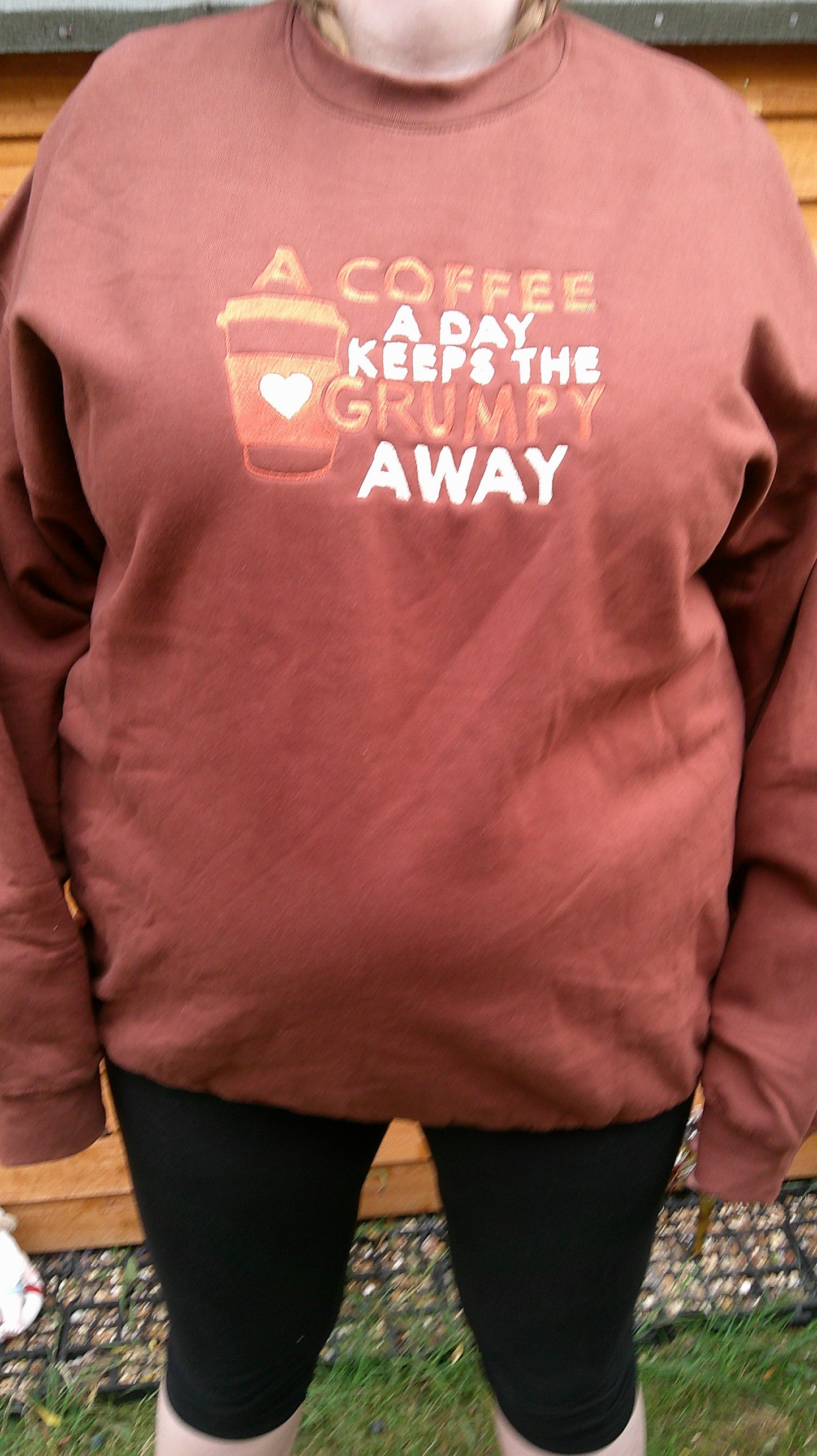 'A Coffee A Day Keeps The Grumpy Away' embroidered chocolate brown sweatshirt