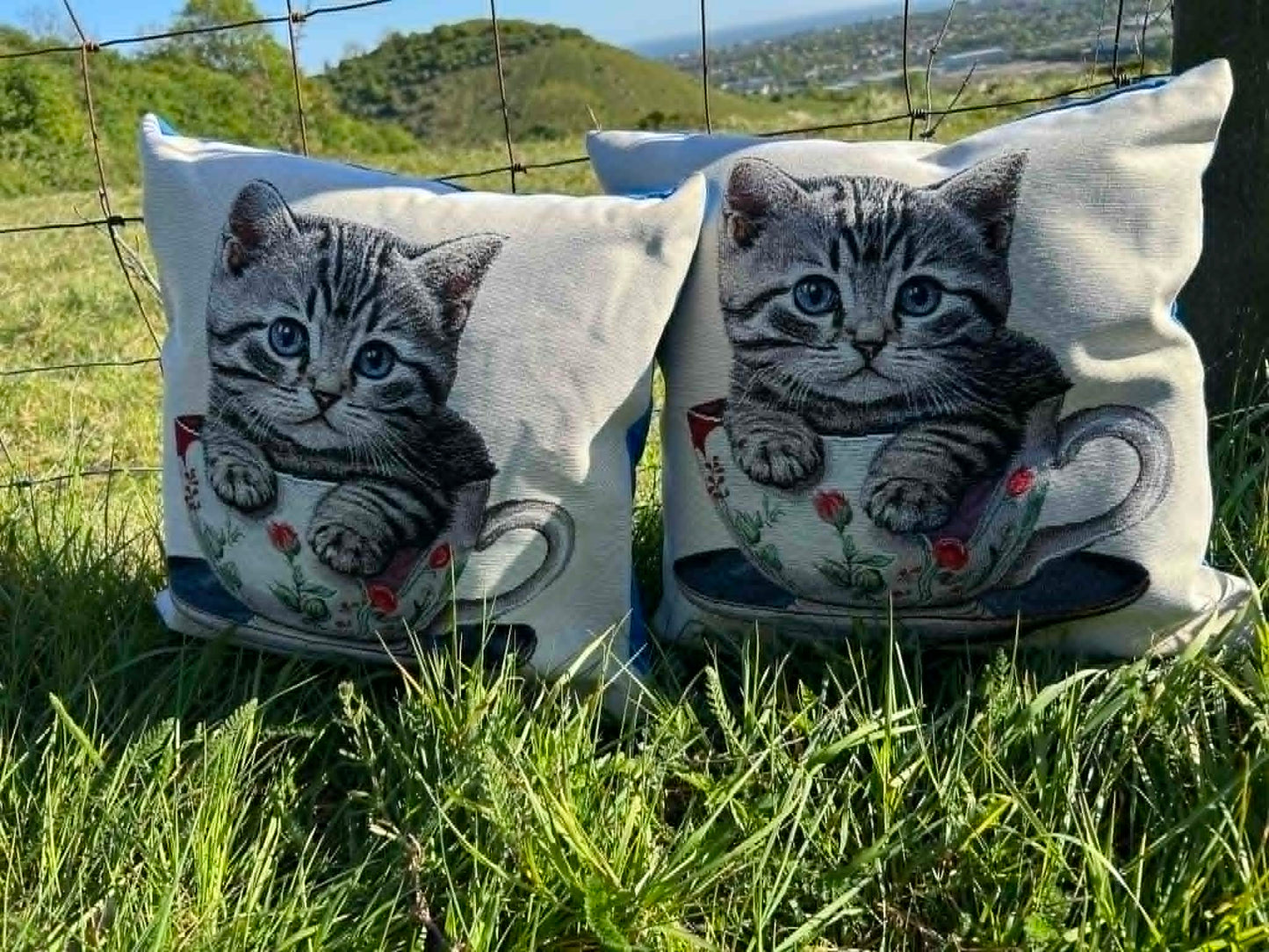 New Kitten In A Cup Tapestry Cushion