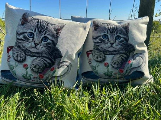 New Kitten In A Cup Tapestry Cushion